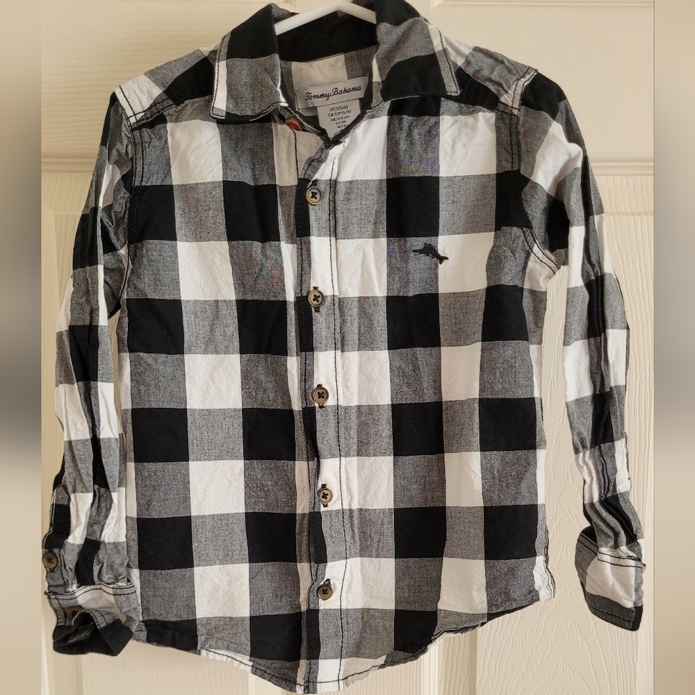 Boy's black and white plaid button down, size small.